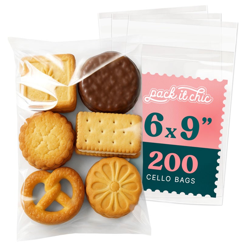 Pack It Chic 6" X 9" Self Sealing Cellophane Bags (200 Pack) - Clear Cookie and Pretzel Rod Bags With Seal for Baked Goods Packaging, Cookie Wrappers, Bakery Packaging, Bake Sale, Candy, Treats, Goodies, Gifts - Image 1